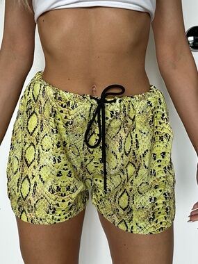 Yellow Snake-Print Drawstring Athletic Shorts